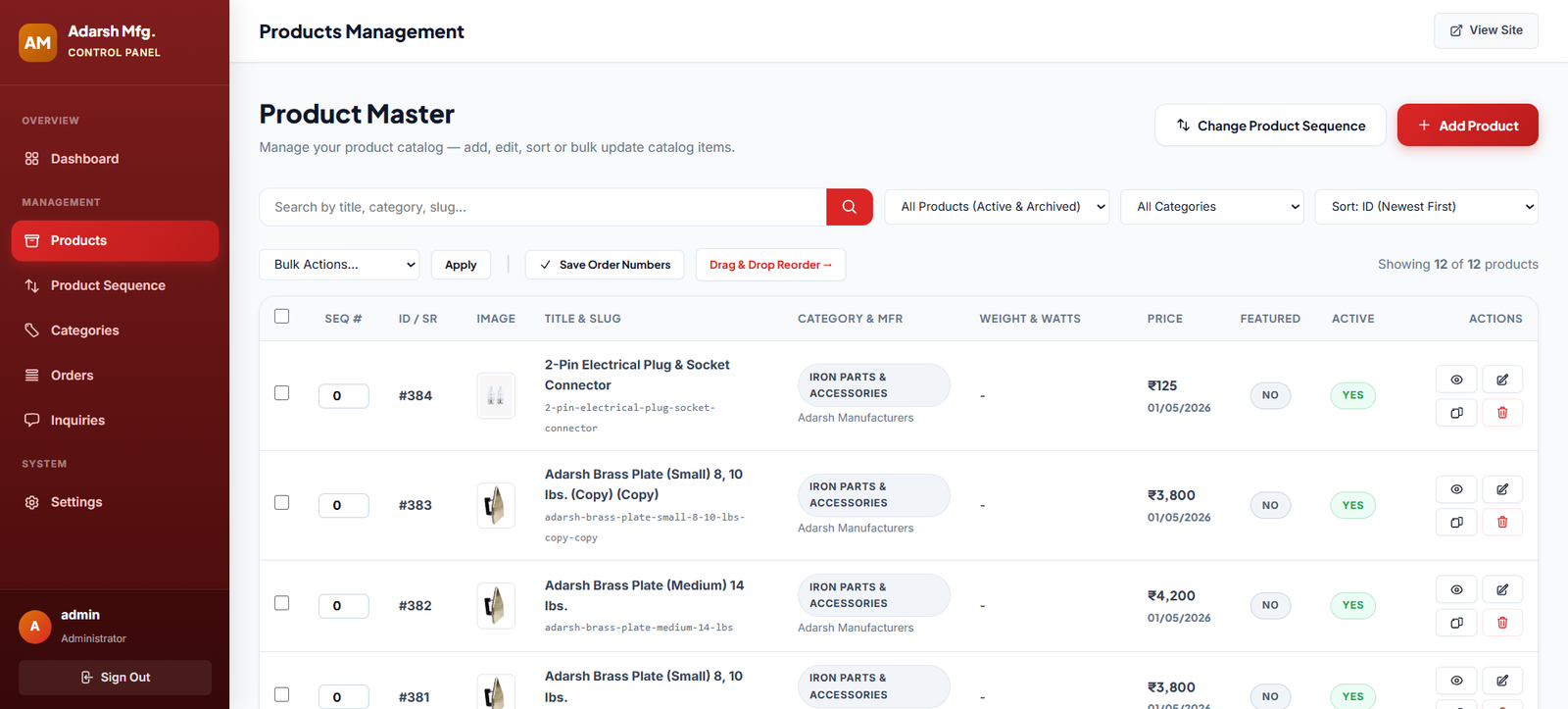 Adarsh Mfg Product Master and E-Commerce Control Panel